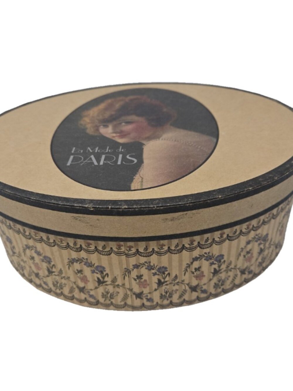 Vintage Lidded Wallpaper Hat Box La Mode de Paris Flapper Girl Millinery Rooms